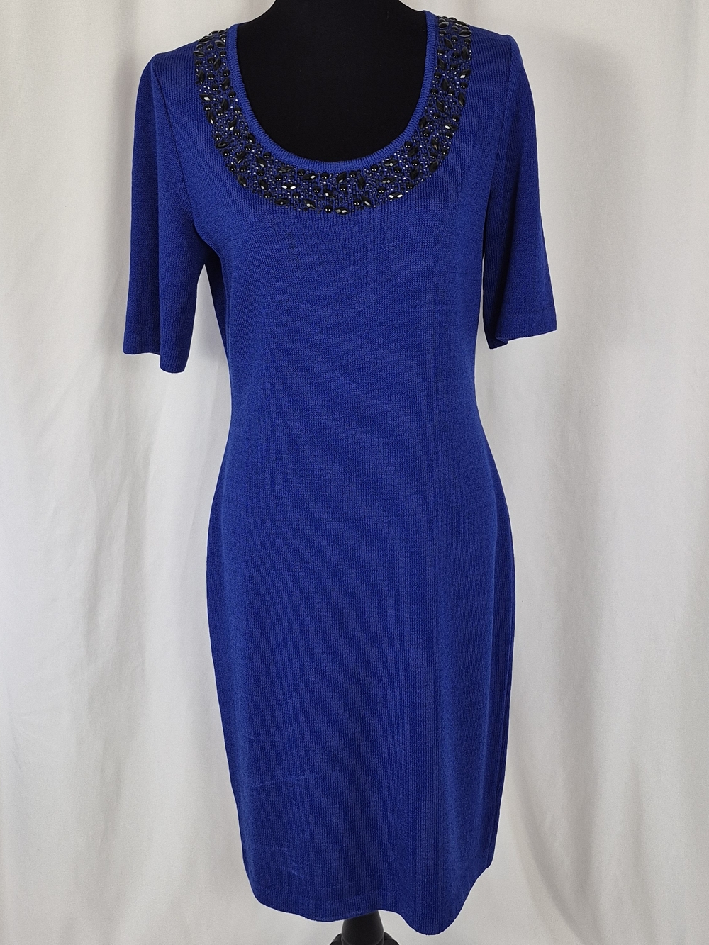 St. Johns Evening Embellished Collar Santana Knit Dress in Royal Blue - Size 6